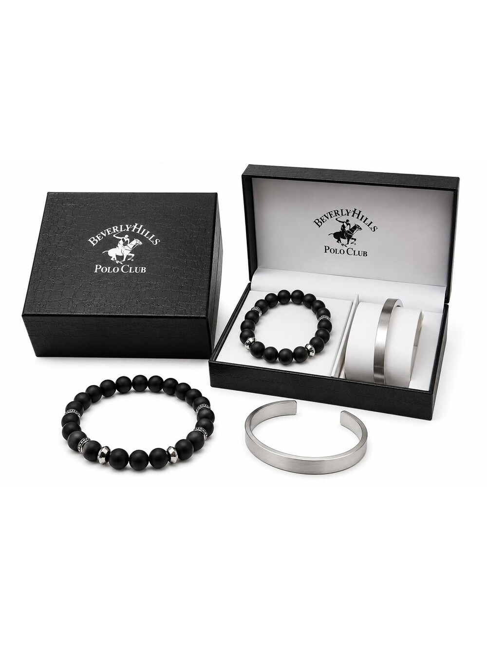 Beverly Hills Polo Club Men’s Bracelet Set Black Bead & Silver Cuff Gift Box NEW
